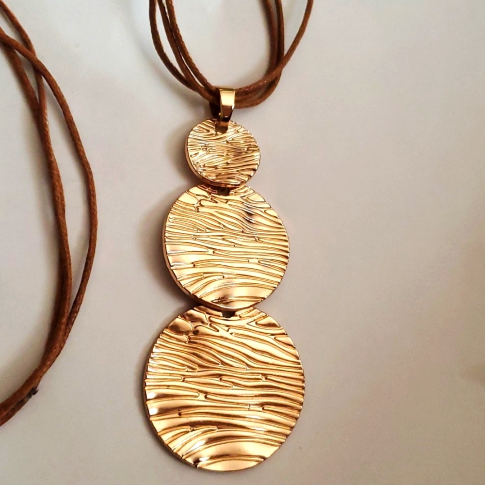 Layred Gold Tone 3 Discs 4" Pendant on Triple Brown Suede 30" Rope Necklace